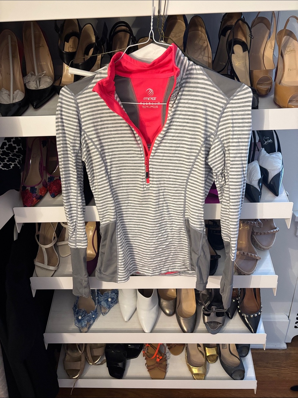 MPG Gray & White Striped Quarter-Zip Pullover with Pink Lining